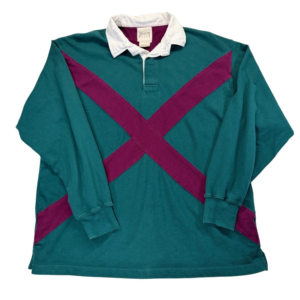 Vintage Arrow River Brand Rugby Shirt Mens L Teal Burgundy Colorblock Cotton